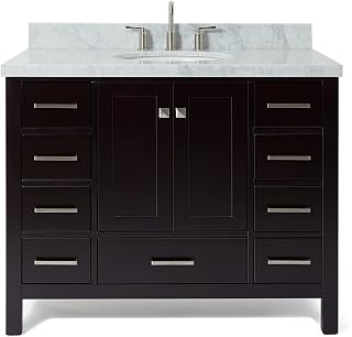 ARIEL Cambridge 42-inch Bathroom Vanity with Sink,Solid Wood, 1.5-inch Italian Carrara Marble Countertop & Backsplash, Single Oval Porcelain Sink, 2 Soft Closing Doors, 5 Dovetail Drawers, Espresso