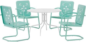 Crosley Furniture Azalea 5-Piece Vintage Outdoor Dining Set for 4, Retro Metal Round Patio Table and Chairs, Aqua Gloss/White Satin