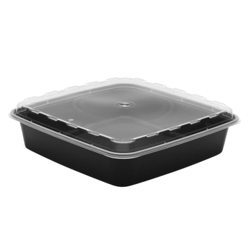 Combo Pack Square 48 Oz. Container - 100 / CS by CuBE Plastics – 8.5 inches x 8.5 inches x 1.8 inches, 48.0 fluid_ounces, Plastic, Black, Pack of 100