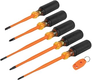 KLEIN TOOLS 33736INS Insulated Screwdriver Set, Made in USA, 1000V Slim-Tip Driver with Phillips, Cabinet and Square Bits and a Magnetizer, 6-Piece