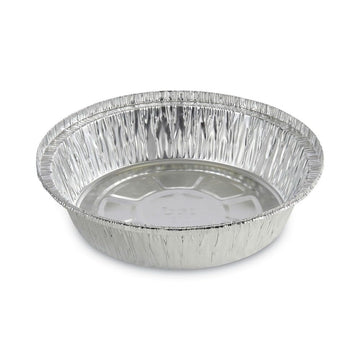 7 in. x 1.46 in. 24 oz. Round Aluminum to-Go Containers - Silver (500/Carton) by Boardwalk – 7 inches in diameter x 1.46 inches in height, 24.0 ounces, Aluminum, Model BWKROUND7