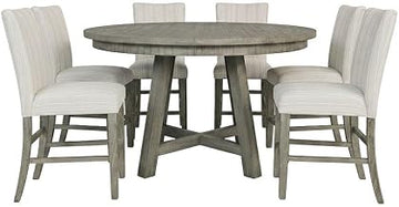 Starlight Canyon Home Solid Pine Distressed-Finish Counter Height Dining Table 7 Piece Set, Upholstered Farmhouse Kitchen Chairs, Driftwood Grey