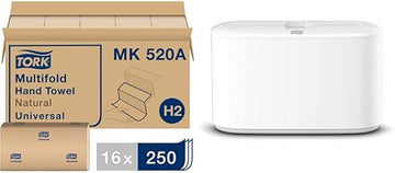 Tork Xpress Countertop Multifold Hand Towel Dispenser, White & Multifold Hand Towel, Natural, H2, Universal, 3-Panel, 100% Recycled Fibers, 1-Ply, 16 x 250 Sheets - MK520A