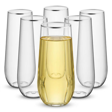 Glownary Coupe Dynasty Plastic Champagne Flute – Clear with Silver Rim, 9 oz, Stemless, PET Material, 5.5 Inch Height, 64 Count