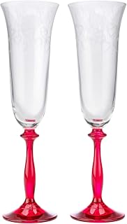 Crystalex Bohemia LOVE 6-Ounces Crystal Champagne Glass Set with a Red Stem, Footed Sparkling Wine Glass Set, Romantic Crystalware Gift, Stemmed Flutes Set, 2 Piece Set