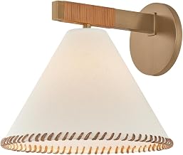 Troy Lighting Stoney Wall Sconce | Patina Brass Finish | White Linen Cone Shade with Whipstitch Detail | Artisan Architectural Accent Light | 10.25" W x 9.25" H | B2509-PBR
