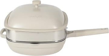 Crock Pot Northvale 5.3 Quart Ceramic Nonstick Sauté Pan with Steamer Basket & Lid, Cast Aluminum Pan with Induction Base and Soft-Touch Handle, Linen White