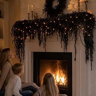 Pre‑Lit Black Halloween Vine Garland with LED Lights, Fireplace Mantel Hanging Decor, Creepy Garland for Door Frame Window Wall Party Backdrop,4.9ft,Black
