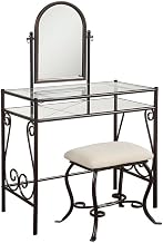 Furnifact Metal Vanity Set with Glass Top, Mirrored Shelf and Upholstered Bench, Steel Scroll-Base Dressing Table for Bedroom