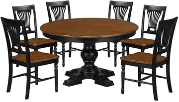 Furnifact Rubberwood Oval Pedestal Kitchen Table 7 Piece Set, Slatted Back Dining Table Set for 6 Dining Room Chairs, Black & Cherry