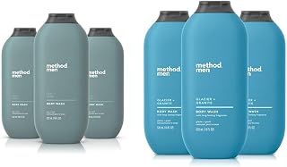Method Men Body Wash, Sea + Surf and Glacier + Granite Scents, Paraben and Phthalate Free, 18 FL Oz (Pack of 3), Plant-Based Cleansers