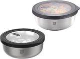 GEFU Set of 2 Provido Food Storage Containers, Stainless Steel, Round, 500 ml & Microwave | Airtight storage box made of stainless steel, leak-proof and aroma-protected. Ideal as a meal prep container with QR code