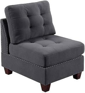 Armless Chair for Living Room Tufted Grey Linen-Like Fabric Nailhead Trim Wood Legs 32x26x35 in Plush Accent Seating for Home, Office, Lounge