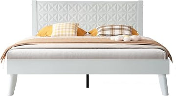 Queen Size Solid Wood Platform Bed Frame with Headboard & Footboard, Central Metal Legs, 12 Sturdy Slats, Noise-Free & Anti-Slip Design, Easy Assembly, No Box Spring Needed, Pure White Finish UPQ-39