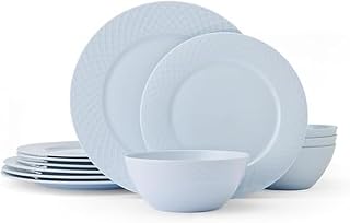 Mikasa Trellis Pastel Bone China Lightweight Chip Resistant 12 Piece Dinnerware Set, Service for 4, Misty Blue