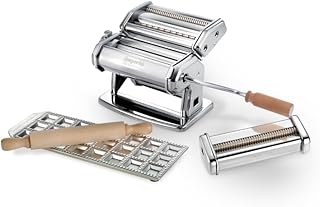 Imperia Pasta Maker Gift Set w Accessories- Includes Pasta Machine, Ravioli Mold Press, Wooden Rolling Pin & Cutter Attachment- Made in Italy- Durable Steel Construction- Make Fresh Homemade Noodles