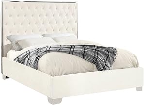 Starlight Canyon Home Fully Upholstered Platform Bed, Button-Tufted Velvet Queen Bed Frame with Headboard and Footboard for Bedroom, White Velvet