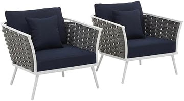 White Aluminum Lounge Chair Set of 2, armrest Height 24.5 inches, 5-inch Cushions, seat Height 15.5 inches, Lightweight, Durable