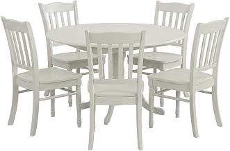 Furnifact Solid Wood Round Dining Table 5 Piece Set with Drop-Leaf, Small Kitchen Table and Chairs for Breakfast Nook, Linen White