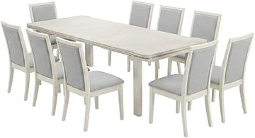 Furnifact Acacia Wood Extendable Dining Table 13 Piece Set, Modern Farmhouse Kitchen Table and Chairs Dining Room Set, Antique White