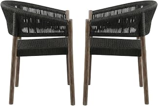 Gray Indoor Outdoor Dining Chair Set of 2, Eucalyptus Wood with Charcoal Rope, Resistant, Contemporary Design, Armrest Height 11 Inches