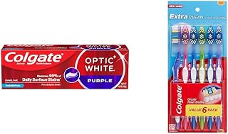Colgate Optic White Purple Toothpaste for Teeth Whitening, Teeth Whitening Toothpaste with Fluoride & Extra Clean Toothbrush, Soft Toothbrush for Adults, 6 Count (Pack of 1), Packaging May Vary