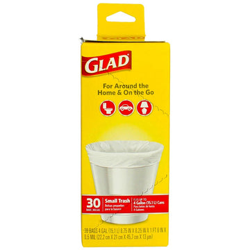 Flat Top Small Garbage Bag by Glad – 30 Count (Pack of 6), 4.0 gallons, Plastic, White, Pack of 6