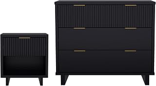 Elara 2 Piece Bedroom Set, 3 Drawer Dresser and Nightstand with Fluted Compartments, Soft Close Storage and Metal Accents, Contemporary Furniture, Black