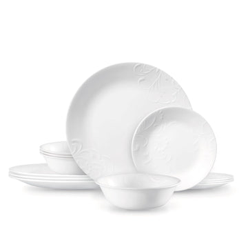 Madeline Embossed 12 Piece White Dinnerware Set by Corelle – Glass, White, Pack of 12, Model 3446AB
