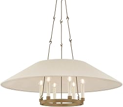 Troy Lighting Archive 6-Light Chandelier | Patina Brass | Natural Linen Shade | Modern Lantern Ring Design | Dining Room or Kitchen Lighting | Steel Frame | Damp Rated Fixture | Model F1638-PBR
