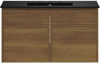 Swiss Madison St. Tropez 36" Wall-Mounted Bathroom Vanity in Brown Oak with Black 3-Hole Widespread Sink Top