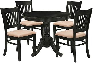 Furnifact Solid Wood Dining Furniture Set with Linen-Upholstered Slatted-Back Chairs, Round Kitchen Table and Chairs for Dining Room, Black