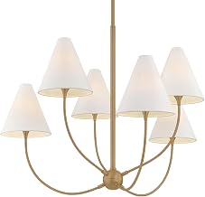Troy Lighting Evermore 6-Light Chandelier | Patina Brass | Off-White Linen Shades | Nature-Inspired Organic Design | Graceful Curved Arms | Steel Frame | Damp Rated Fixture | Model F1941-PBR