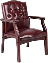 Vinyl-Upholstered Guest Chair with Mahogany Wood Four-Leg Base, Traditional Office Side Chair for Reception and Home Office Use