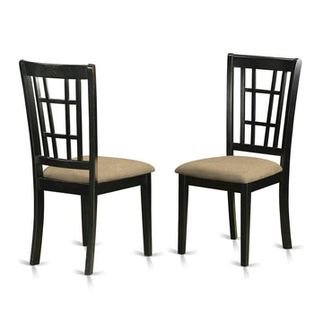 Linen-Upholstered Solid Wood Dining Chair with Padded Seat by Furnifact – Wood, Black/Beige, Pack of 2