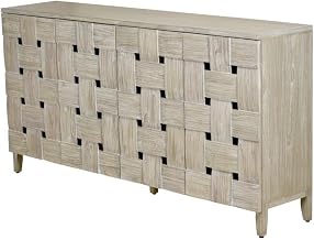 Wooden Weave 4-Door Credenza with Soft Close Doors Kiln-Dried Mindi Wood Gray Wash Finish 72 Inch Tan and Gray Coastal Design