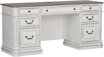 Antique White Credenza, Rubberwood Solids, White Oak and Birch Veneers, European Traditional Style, Weathered Bark Finish, Storage Solution