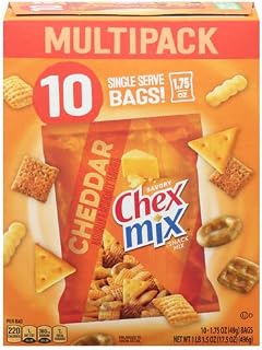 Chex Mix Cheddar Snack Mix, Multipack, 10 Single Serve Bags, 17.5 oz | Corn & Wheat Chex, Cheese Crackers, Mini Breadsticks, Pretzels, 50% Less Fat than Regular Potato Chips