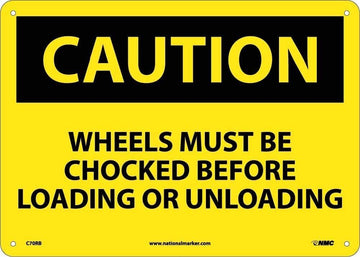 14" x 10" Plastic"Chock Your Wheels" Safety Warning Sig by National Marker – .030" Rigid Plastic, Yellow with Black Letters, Model C-70-RB