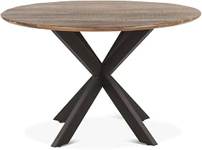Santa Margherita Mango Wood Round Dining Table with Iron Pedestal Base, Gathering Table for Kitchen and Dining Room, Tan, 48 in.