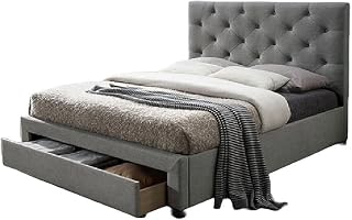King Platform Bed, Gray Linen-Like Upholstered Frame, Button-Tufted Headboard, Built-in Underbed Storage Drawer, Sturdy Wood Construction, Transitional Style Bedroom Furniture