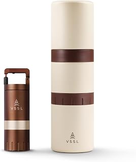 VSSL Nest Pour Over Coffee Kit + Java G25 Bean Grinder Bundle | Coffee for Camping | Pour Over Dripper | Two 10oz Stainless Steel Travel Mugs | Cream/Bronze