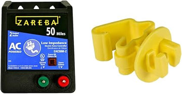 Zareba EAC50M-Z AC-Powered Low-Impendence Electric Fence Charger - 50 Mile Electric Fence Energizer, Contain Animals and Keep Out Predators & ITY-Z Standard Snug-Fitting T-Post Insulator, 25 per Bag