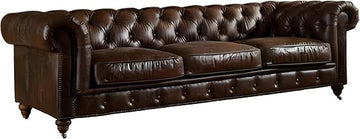 Starlight Canyon Home Leather-Upholstered Chesterfield Sofa with Solid Wood Legs, Tufted Leather Couch for Living Room, Dark Brown