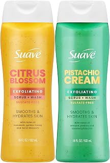 Suave Exfoliating Scrub + Wash Variety 2-Pack – Citrus Blossom & Pistachio Cream, Sulfate-Free Body Wash Set, 18 Oz Ea