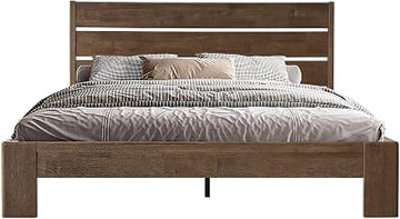 Queen Size Bed Frame with Headboard & Footboard, Solid Wood Platform Bed, Metal Legs, 12 Durable Slatted Structure, No Box Spring Needed, Anti-Slip & Noise-Free, Easy Assembly, Barnwood Finish QIQ-30