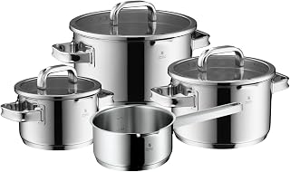 WMF Function 4 Advanced Induction Saucepans Set of 4 Glass Lids with 4 Pouring Functions, Polished Cromargan Stainless Steel, Induction Pots, Inner Scale, Silver