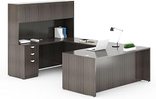 Boss Office Products 71 Inch Executive U-Shape Desk with File Storage Pedestal and 4 Door Hutch, Driftwood