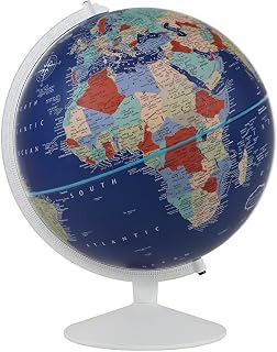 Sailor 12" Diameter Globe, USA Cartography with Solid Metal Base and Special Navy Blue Designer Globe Ball. The Sailor has Royal Blue Ocean World Globe with Red and Green tone land colors in mix to it's white hardware and white steel base are a perfect addition to your nautical styled home or office. This handcrafted unique globe shows unique details on the map.