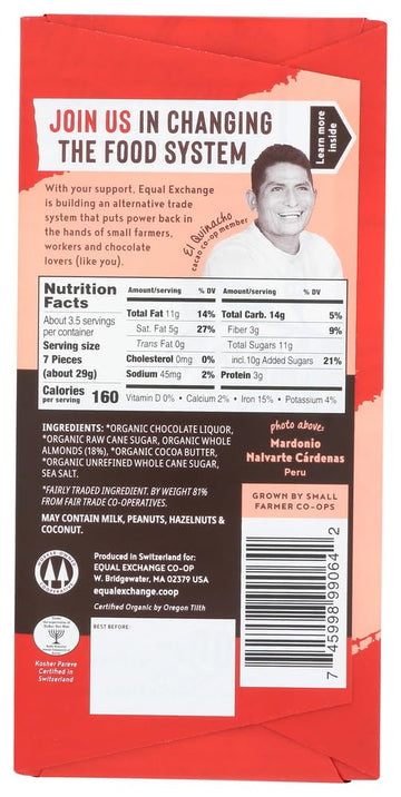 Organic Dark Chocolate with Almonds & Sea Salt (55% Cacao) by Equal Exchange – 3.5 Ounce (Pack of 10), Pack of 10